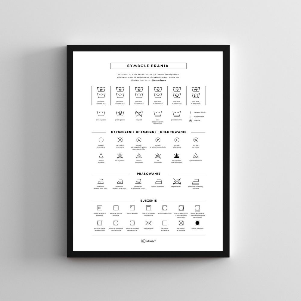 Symbole prania, na metkach, plakat do druku, Selfcreator